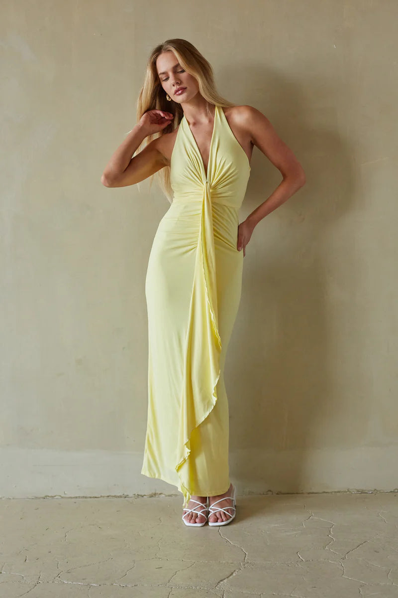 Lemon Yellow Halter Maxi Dress | Deep V-Neck Ruched Front-Drape Evening Dress