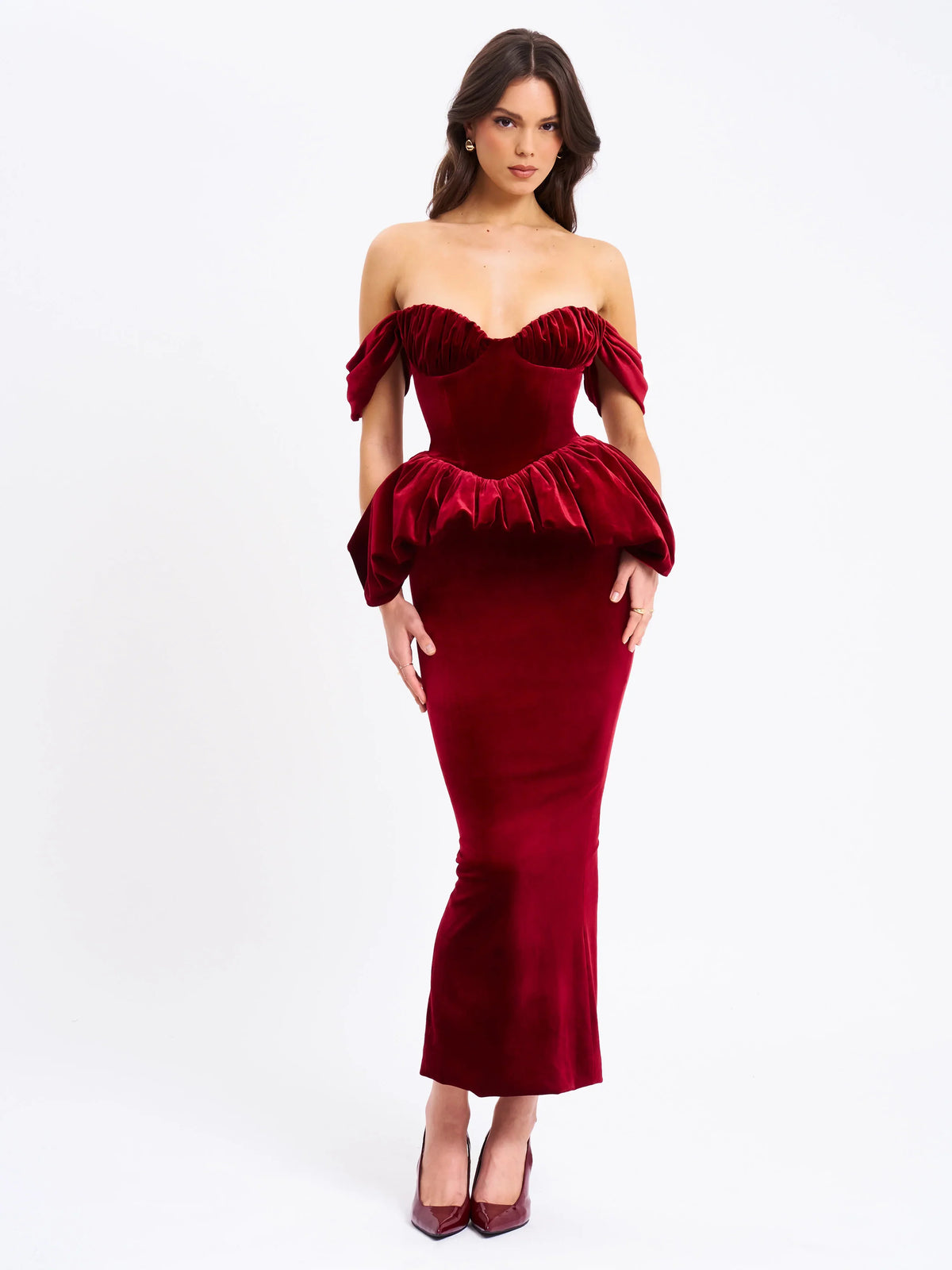 Burgundy Off-Shoulder Peplum Midi Dress | Sweetheart Neckline Formal Evening Dress