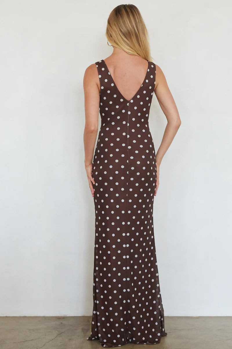 Polka Dot V-Neck Maxi Dress | Sleeveless Fitted Evening Dress