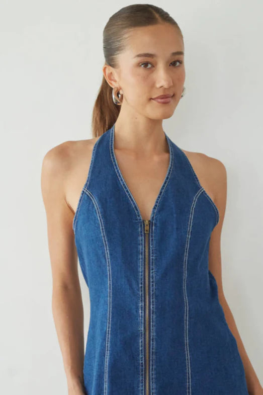 Blue Denim Halter Mini Dress | Zip-Front Open-Back A-Line Dress