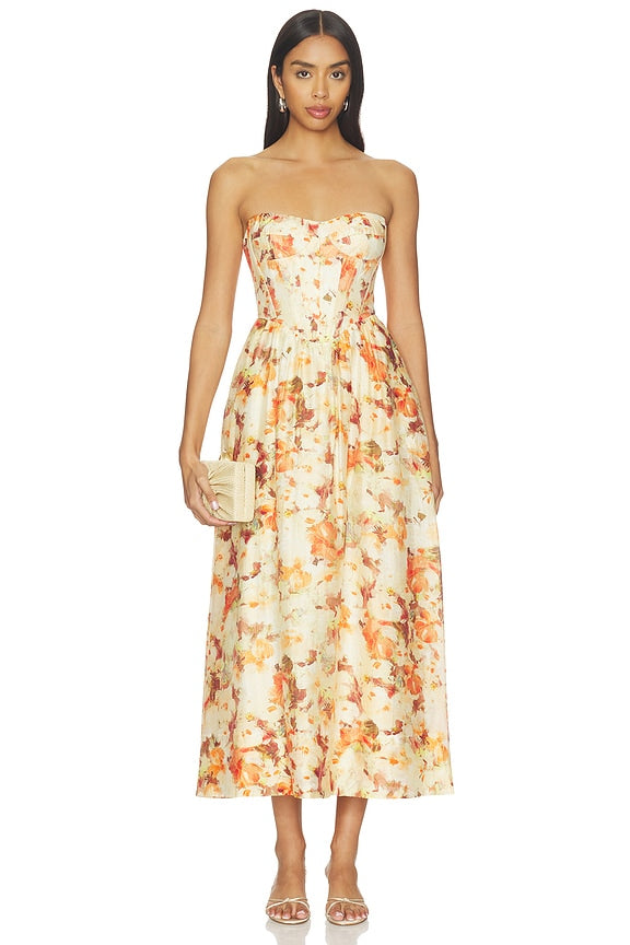 Ivory Floral Strapless Corset-Style Midi Dress | A-Line Wedding Guest & Garden Party Dress