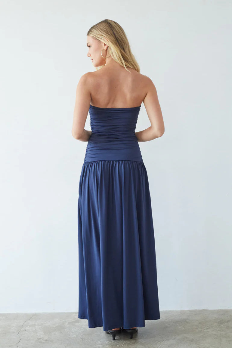 Strapless Ruched Drop-Waist Maxi Dress with Pockets | A-Line Occasion Dress