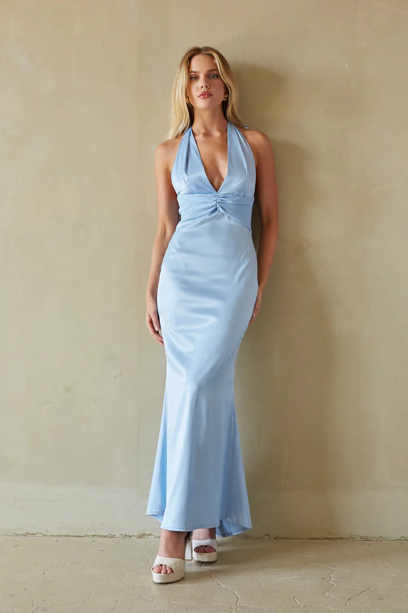 Halter Bow-Back Maxi Dress | Deep V-Neck Ruched Satin-Look Evening Dress