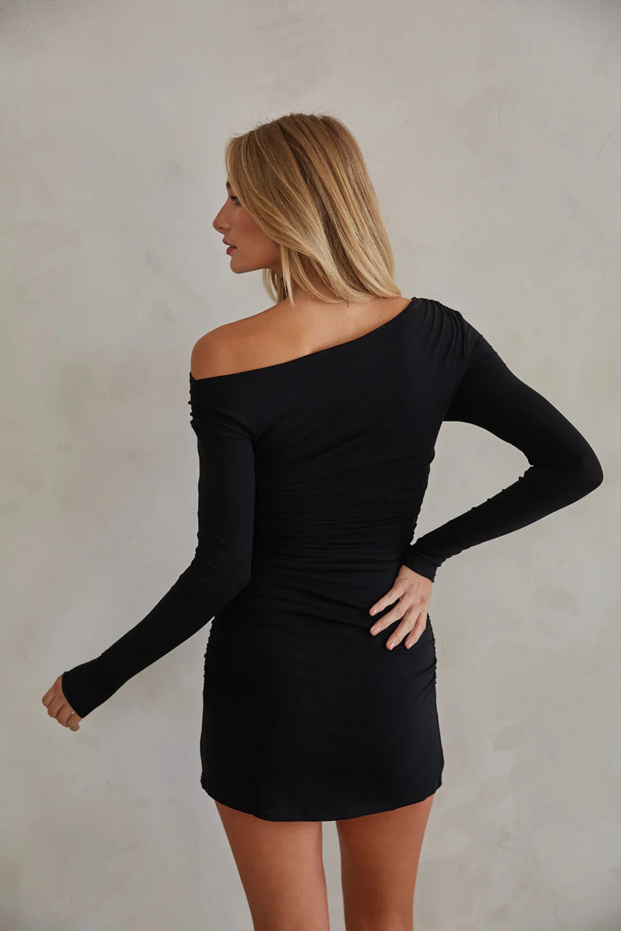 Asymmetric Off-Shoulder Mini Dress | Long Sleeve Ruched Bodycon Dress