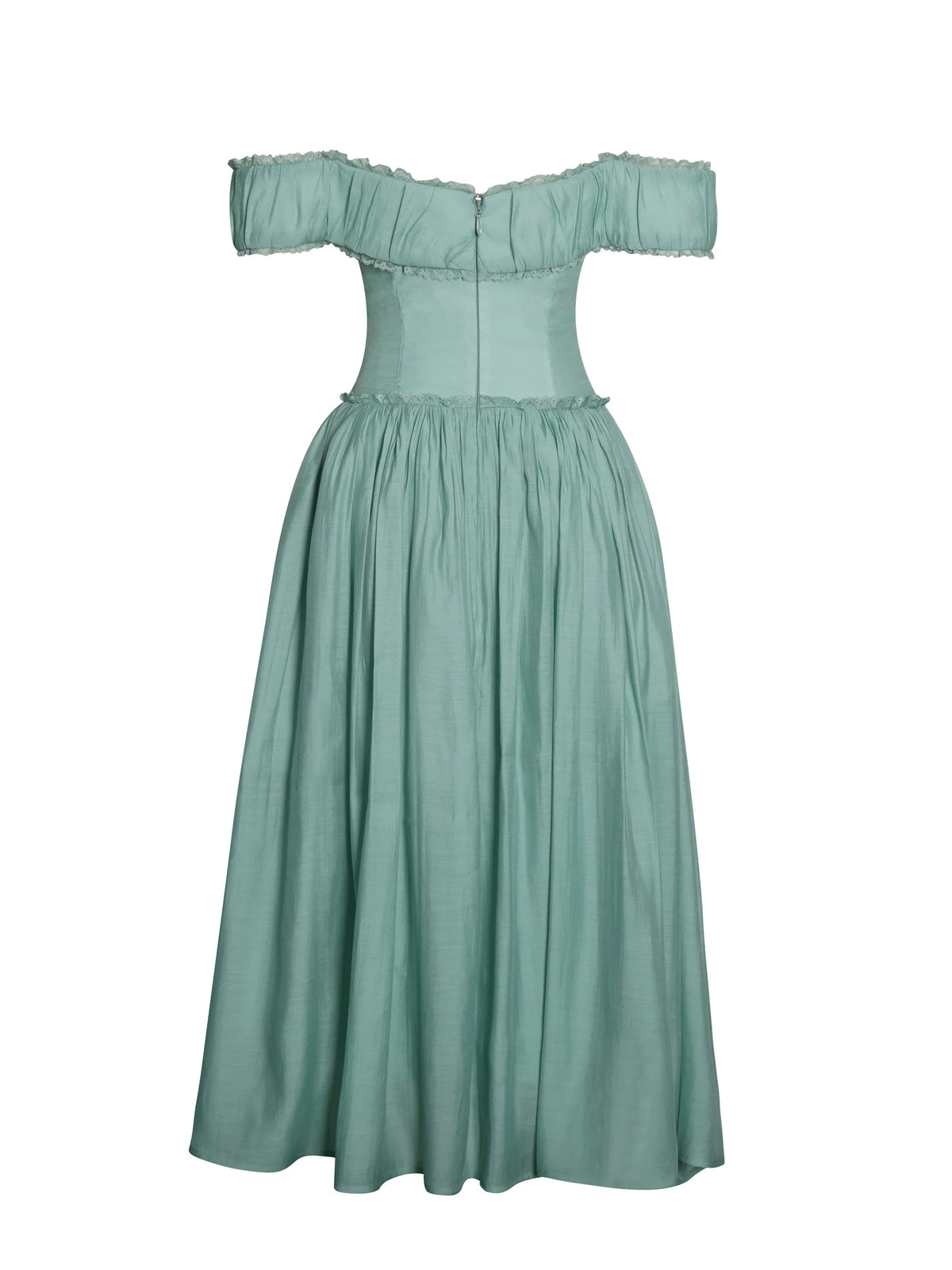 Seafoam Green Off-Shoulder Corset-Style Midi Dress | Lace-Trim A-Line Wedding Guest Dress