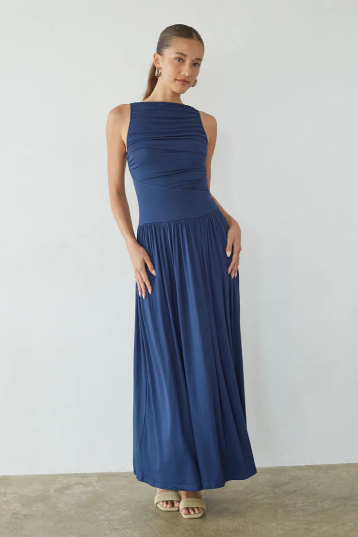 Sleeveless Ruched Maxi Dress | High Neck Drop-Waist Flowy Occasion Dress