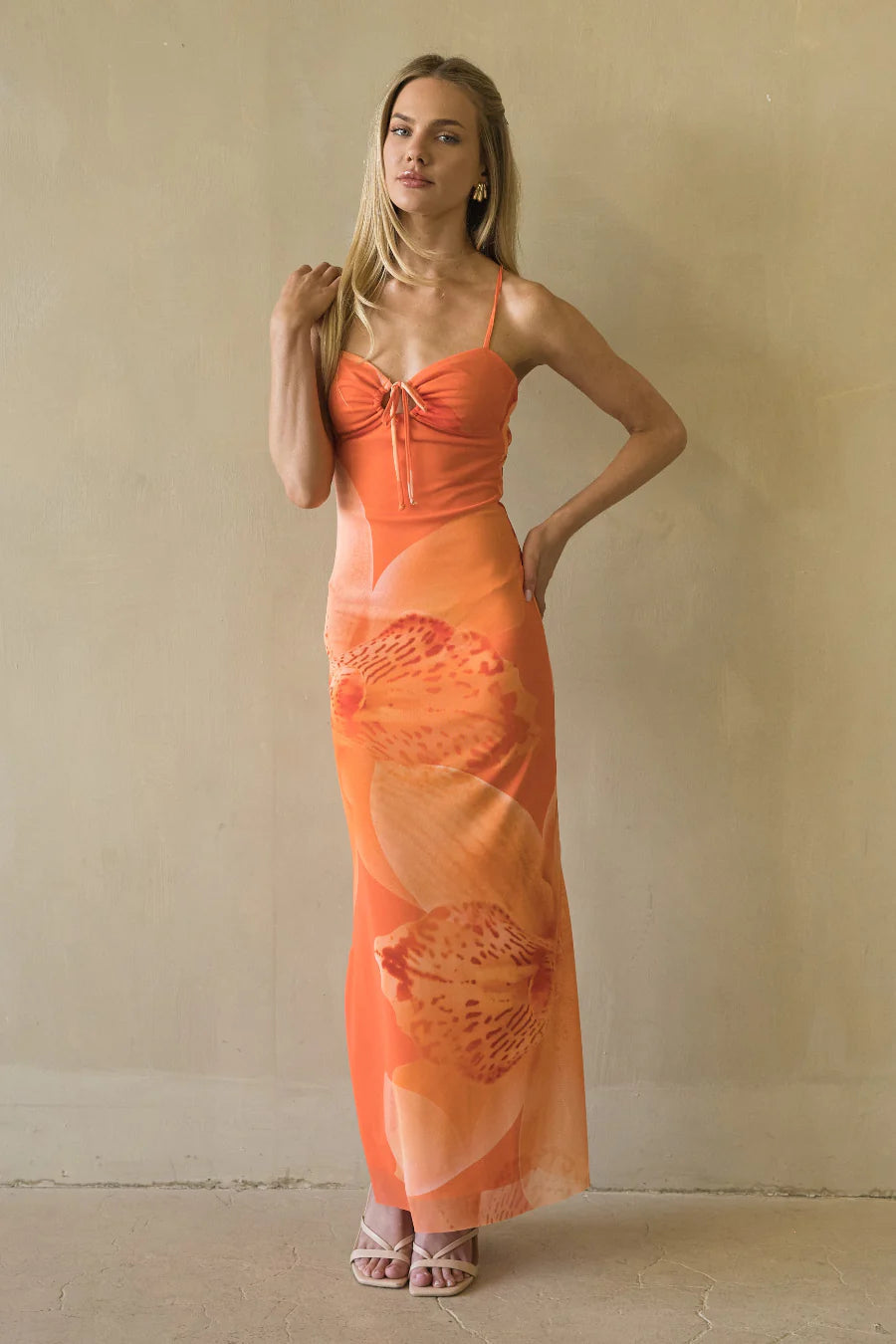 Orange Floral Maxi Slip Dress | Tie-Front Cross-Back Vacation Dress