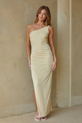 Pale Yellow One-Shoulder Maxi Dress | Ruched High-Slit Evening Dress