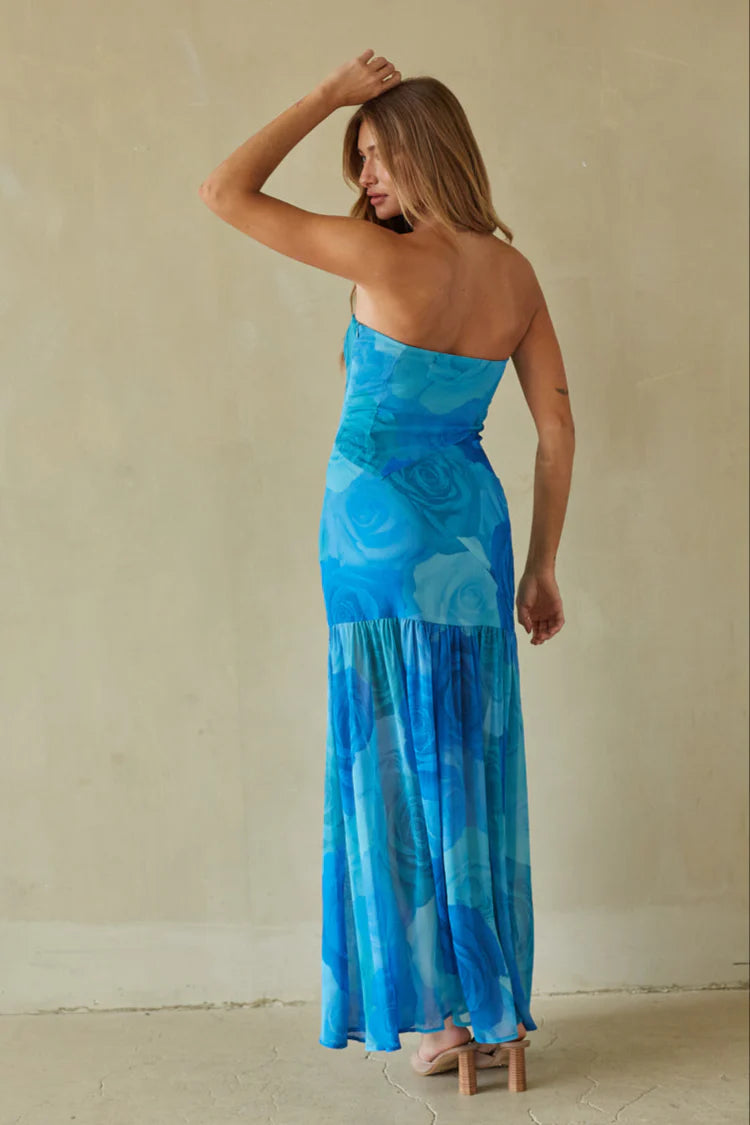 Blue Floral Strapless Maxi Dress | Drop-Waist Sheer Skirt High-Slit Occasion Dress
