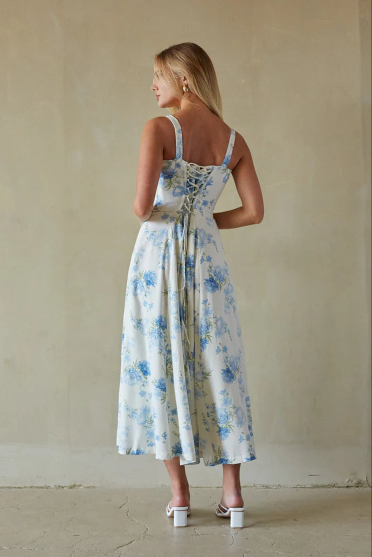 Blue Floral Corset Midi Dress | Lace-Up Back A-Line Sundress with Side Slit