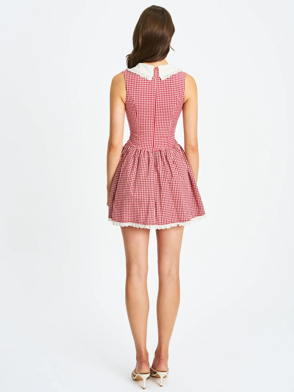 Red Gingham Mini Dress with White Collar | Sleeveless Lace-Trim A-Line Sundress