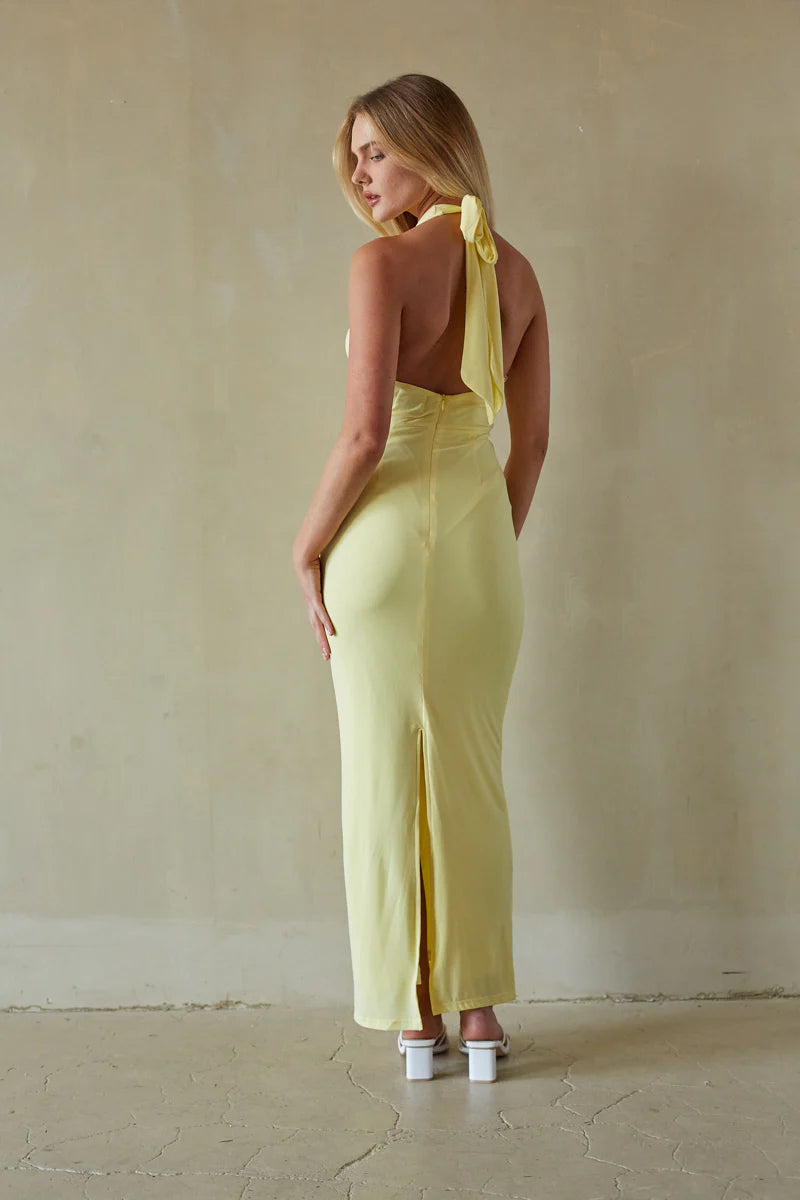 Lemon Yellow Halter Maxi Dress | Deep V-Neck Ruched Front-Drape Evening Dress