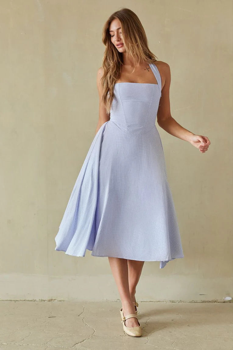 Gingham Halter Midi Dress | Lace-Up Back Corset-Style A-Line Sundress