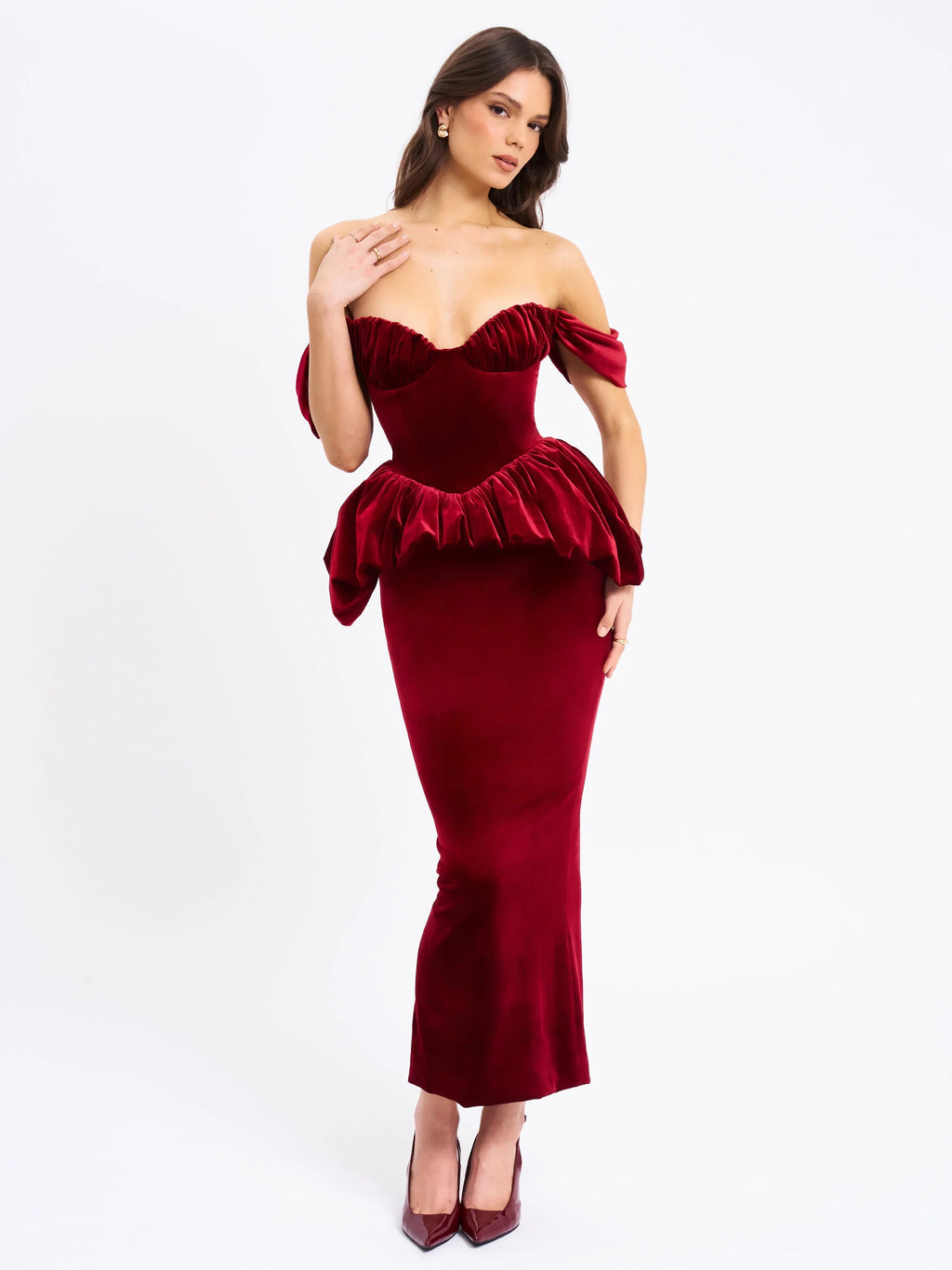 Burgundy Off-Shoulder Peplum Midi Dress | Sweetheart Neckline Formal Evening Dress