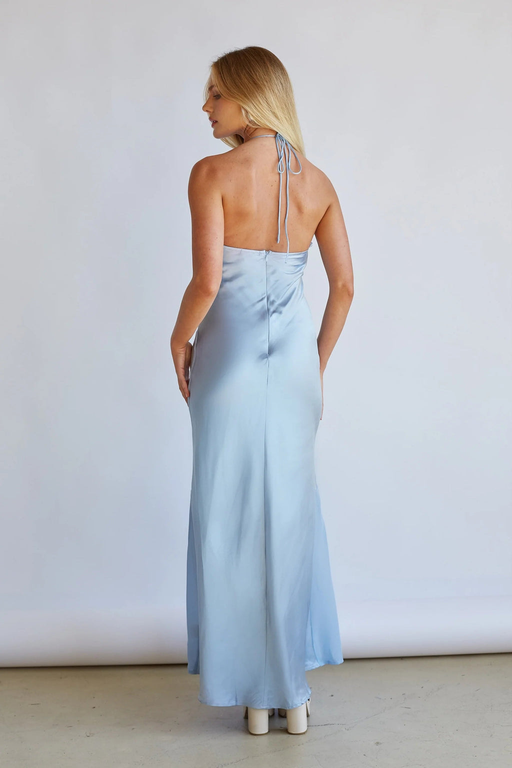 Light Blue Halter Maxi Dress | Deep V-Neck Open-Back Ruffle Hem Evening Dress