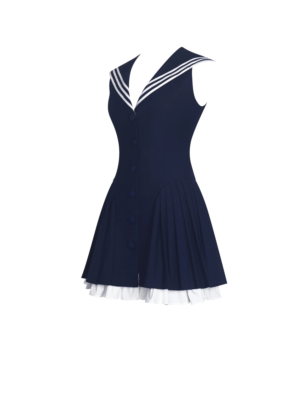 Navy Sailor Collar Mini Dress | Sleeveless Pleated A-Line Preppy Dress with White Trim