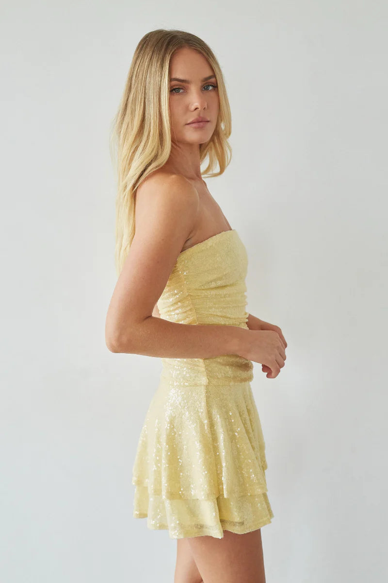 Pale Yellow Strapless Sequin Mini Dress | Ruched Tiered Ruffle Party Dress