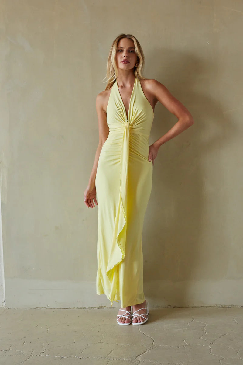 Lemon Yellow Halter Maxi Dress | Deep V-Neck Ruched Front-Drape Evening Dress