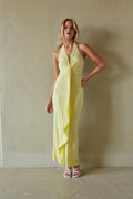Lemon Yellow Halter Maxi Dress | Deep V-Neck Ruched Front-Drape Evening Dress
