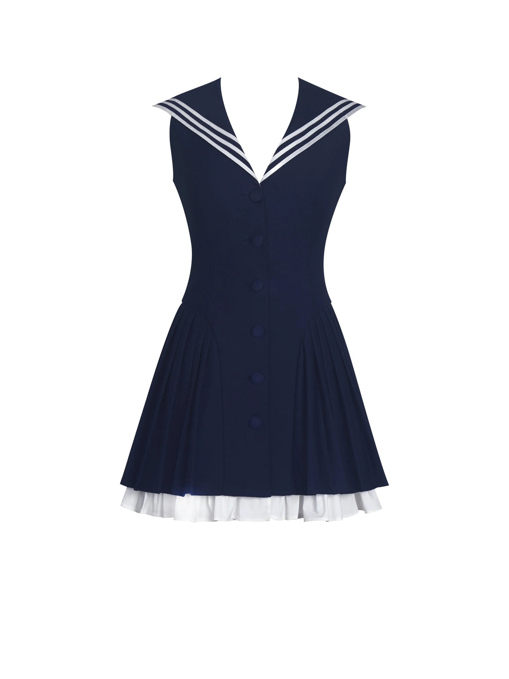 Navy Sailor Collar Mini Dress | Sleeveless Pleated A-Line Preppy Dress with White Trim