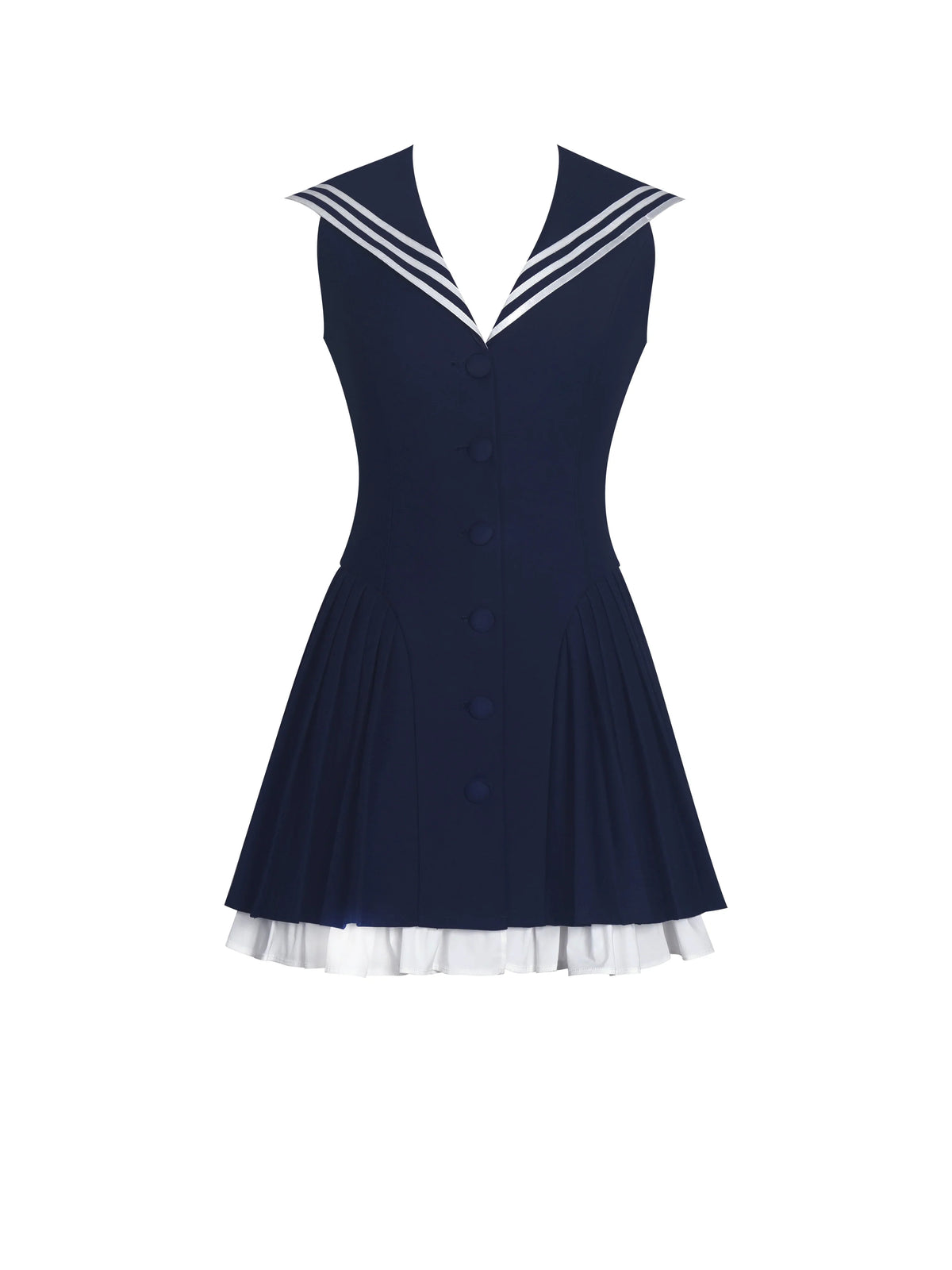Navy Sailor Collar Mini Dress | Sleeveless Pleated A-Line Preppy Dress with White Trim
