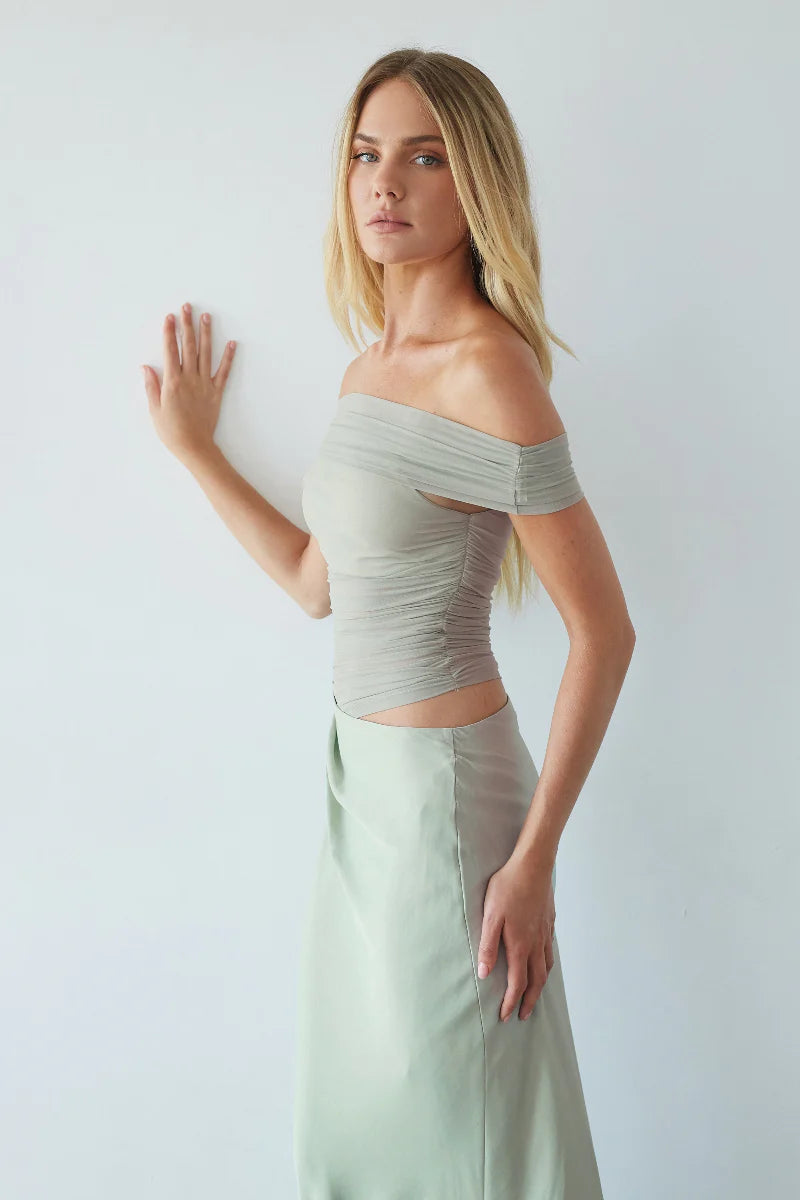 Sage Green Off-Shoulder Maxi Dress | Ruched Waist-Cutout Draped Evening Dress