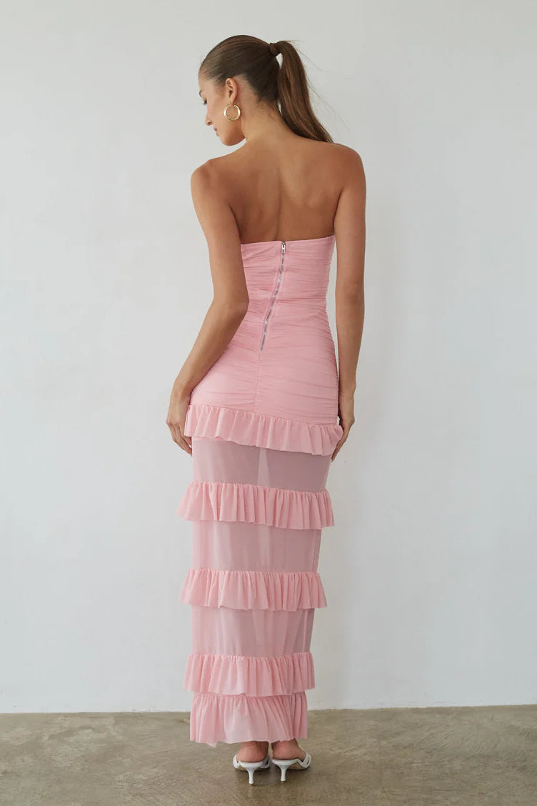 Blush Pink Strapless Maxi Dress | Ruched Bodice Sheer Ruffle Skirt with High Slit