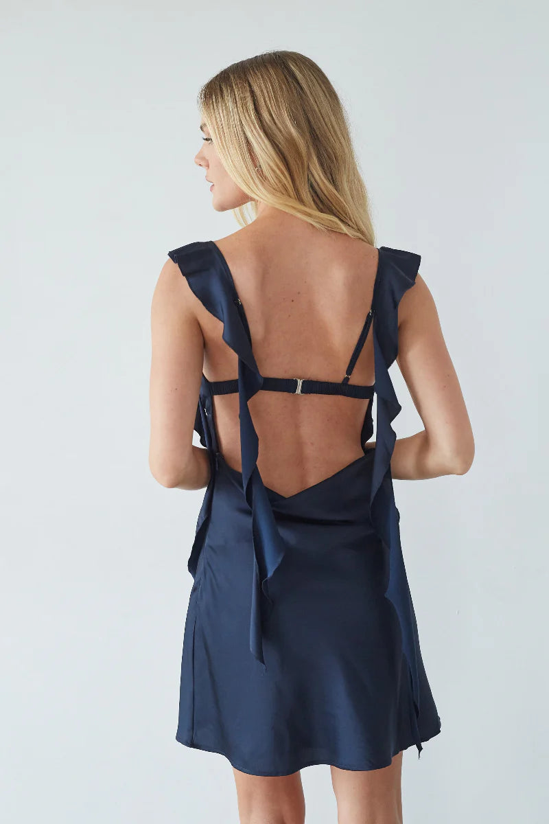 Ruffle Strap Mini Slip Dress | Cowl Neck Open-Back Satin-Look Party Dress