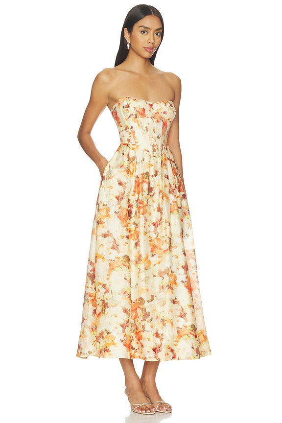 Ivory Floral Strapless Corset-Style Midi Dress | A-Line Wedding Guest & Garden Party Dress