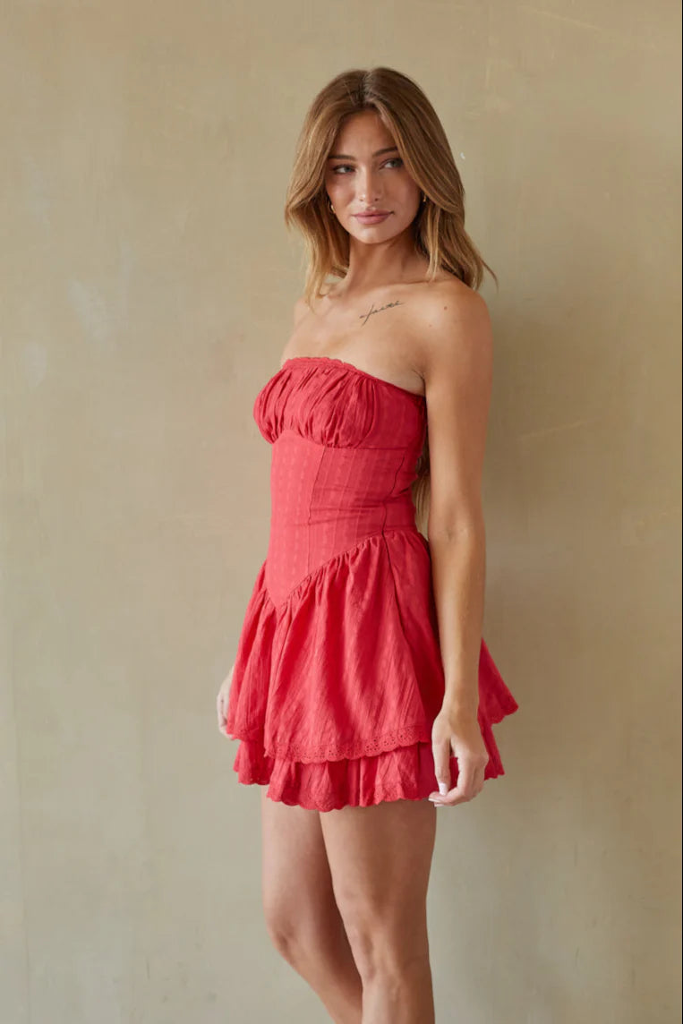 Red Strapless Corset-Style Mini Dress | Tiered Ruffle Summer Sundress