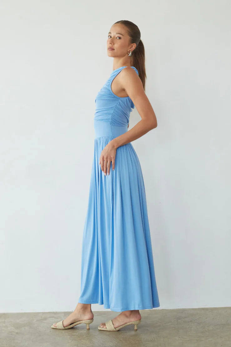 Sleeveless Ruched Maxi Dress | High Neck Drop-Waist Flowy Occasion Dress