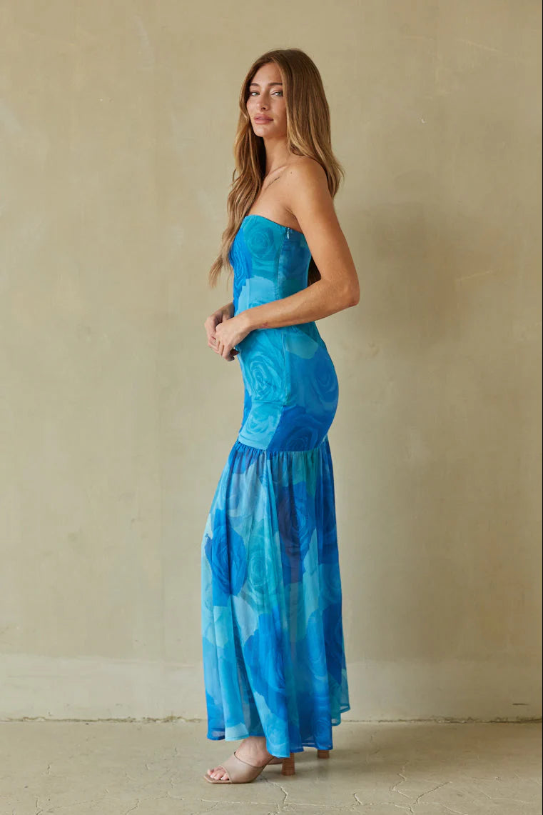 Blue Floral Strapless Maxi Dress | Drop-Waist Sheer Skirt High-Slit Occasion Dress