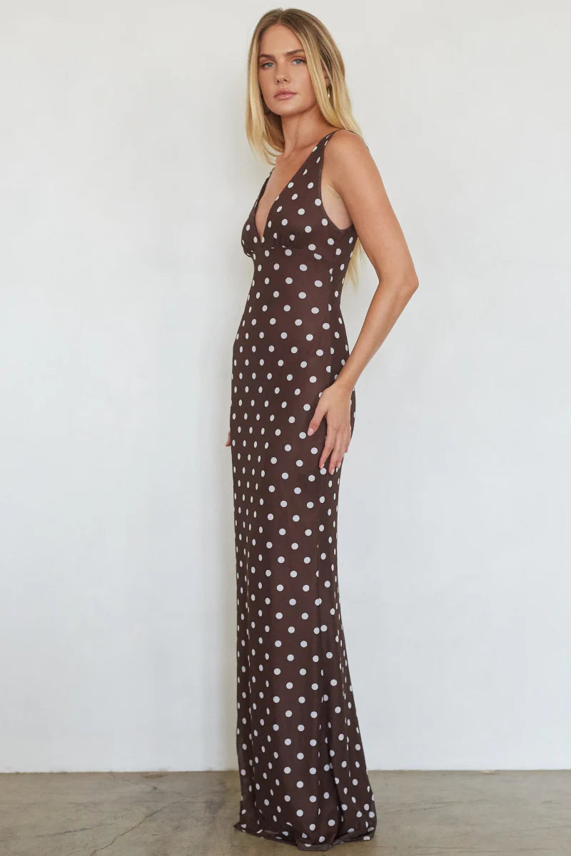 Polka Dot V-Neck Maxi Dress | Sleeveless Fitted Evening Dress