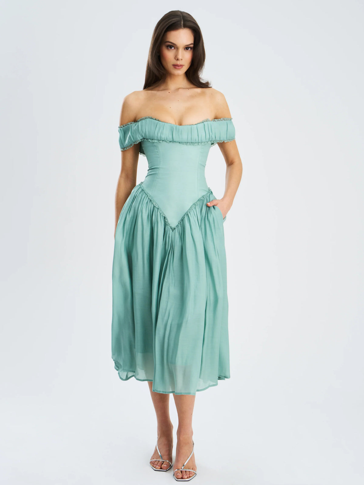 Seafoam Green Off-Shoulder Corset-Style Midi Dress | Lace-Trim A-Line Wedding Guest Dress