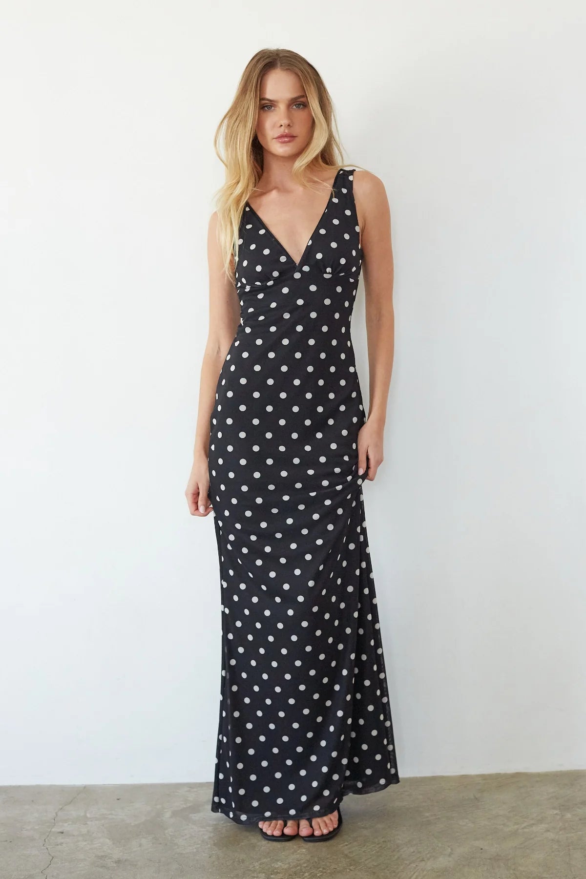 Polka Dot V-Neck Maxi Dress | Sleeveless Fitted Evening Dress