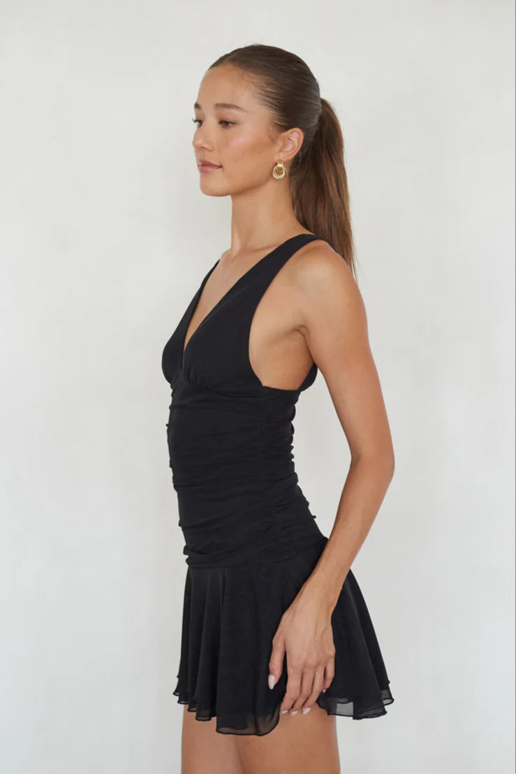 Black V-Neck Ruched Mini Dress | Sleeveless Drop-Waist Ruffle Hem Party Dress