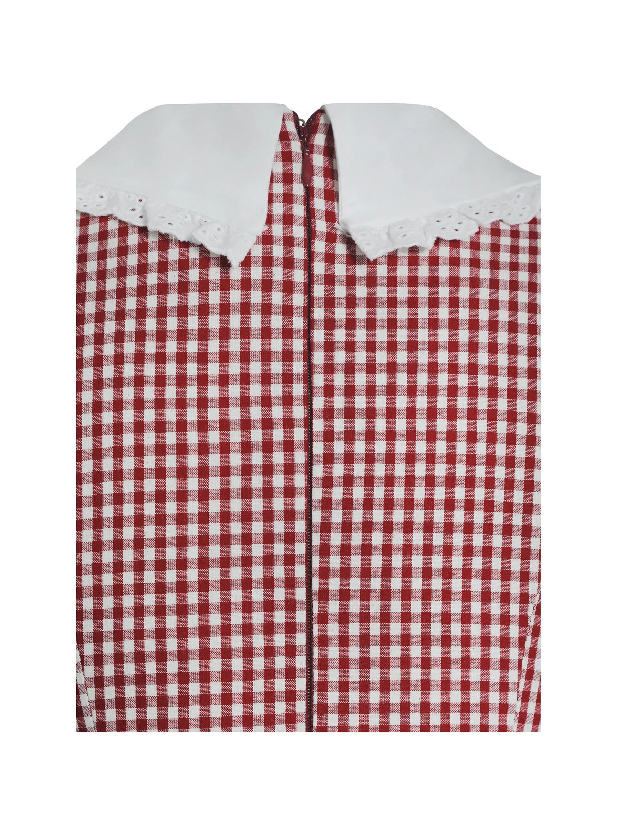 Red Gingham Mini Dress with White Collar | Sleeveless Lace-Trim A-Line Sundress