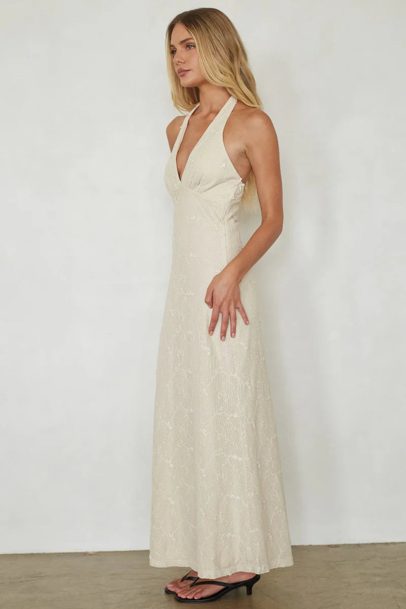 Ivory Floral Lace Halter Maxi Dress | Deep V-Neck Open-Back Occasion Dress