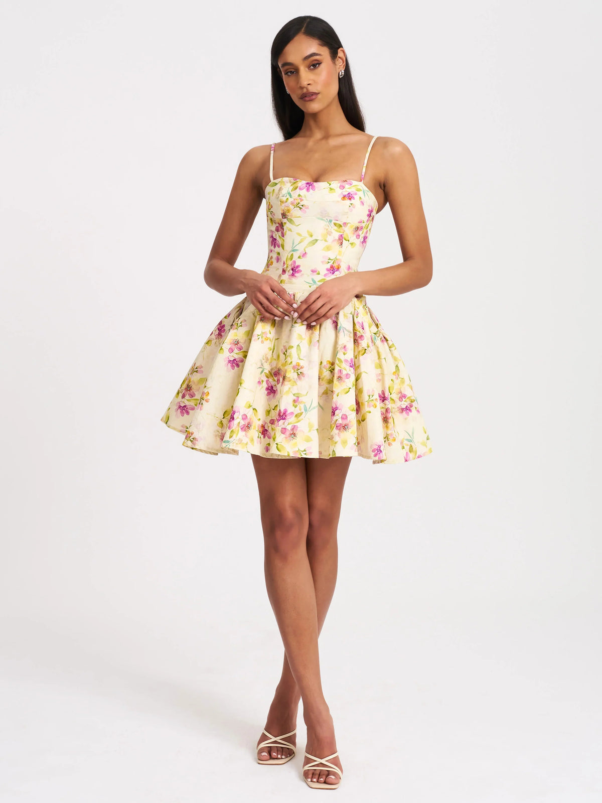 Ivory Floral Corset-Style Mini Dress with Pockets | Spaghetti Strap A-Line Party Dress