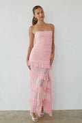 Blush Pink Strapless Maxi Dress | Ruched Bodice Sheer Ruffle Skirt with High Slit