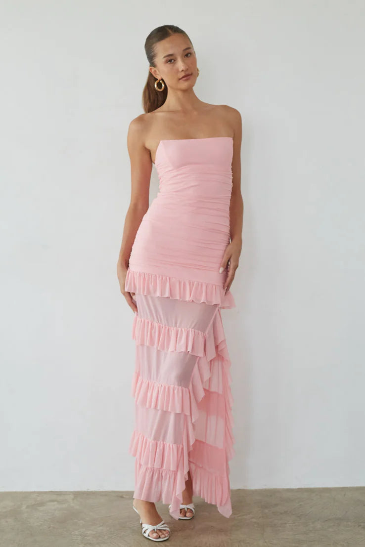 Blush Pink Strapless Maxi Dress | Ruched Bodice Sheer Ruffle Skirt with High Slit