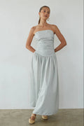 Striped Strapless Maxi Dress | Ruched Drop-Waist A-Line Summer Dress