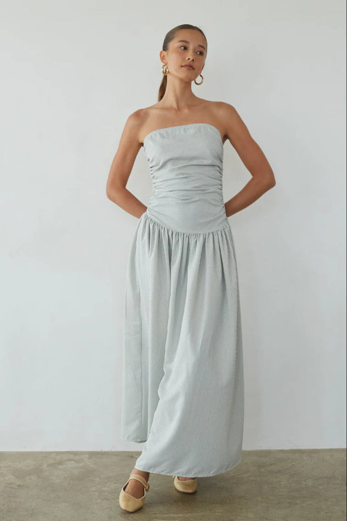 Striped Strapless Maxi Dress | Ruched Drop-Waist A-Line Summer Dress