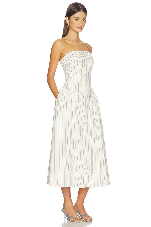 Ivory Striped Strapless Midi Dress with Pockets | A-Line Summer Occasion Dress