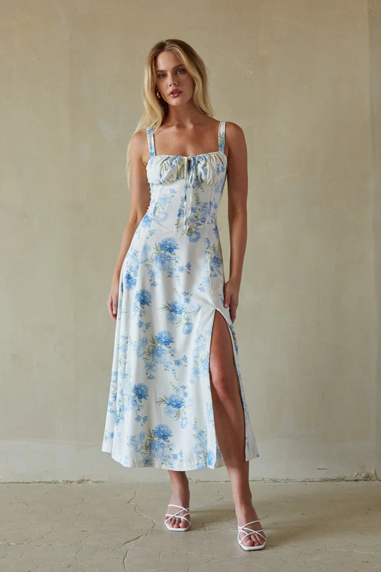 Blue Floral Corset Midi Dress | Lace-Up Back A-Line Sundress with Side Slit