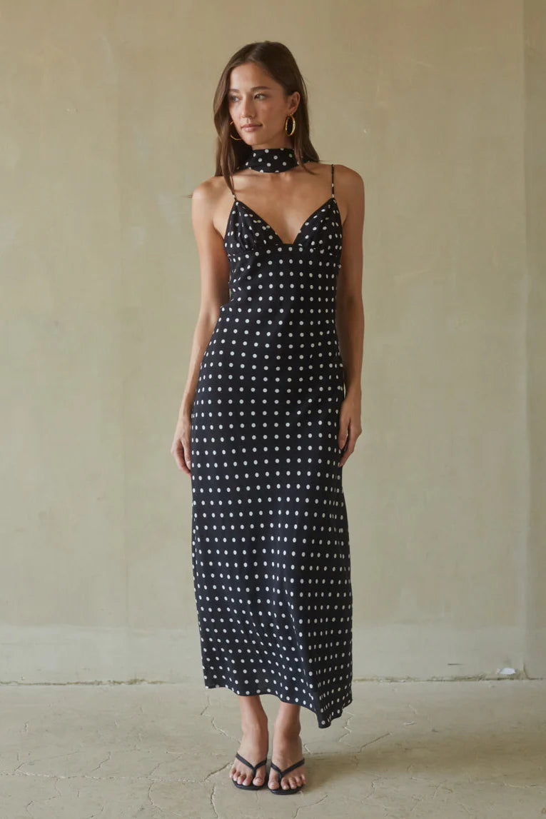 Black Polka Dot Slip Maxi Dress | V-Neck Open-Back Spaghetti Strap Dress