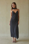 Black Polka Dot Slip Maxi Dress | V-Neck Open-Back Spaghetti Strap Dress