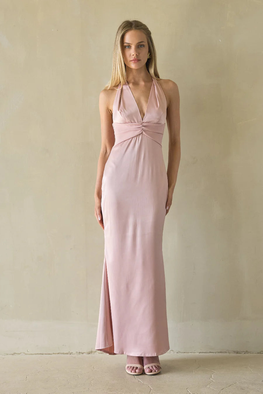 Halter Bow-Back Maxi Dress | Deep V-Neck Ruched Satin-Look Evening Dress