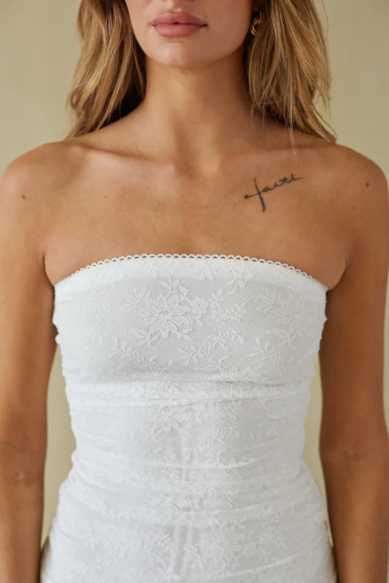 White Strapless Lace Mini Dress | Ruched Drop-Waist Flared Bridal Party Dress