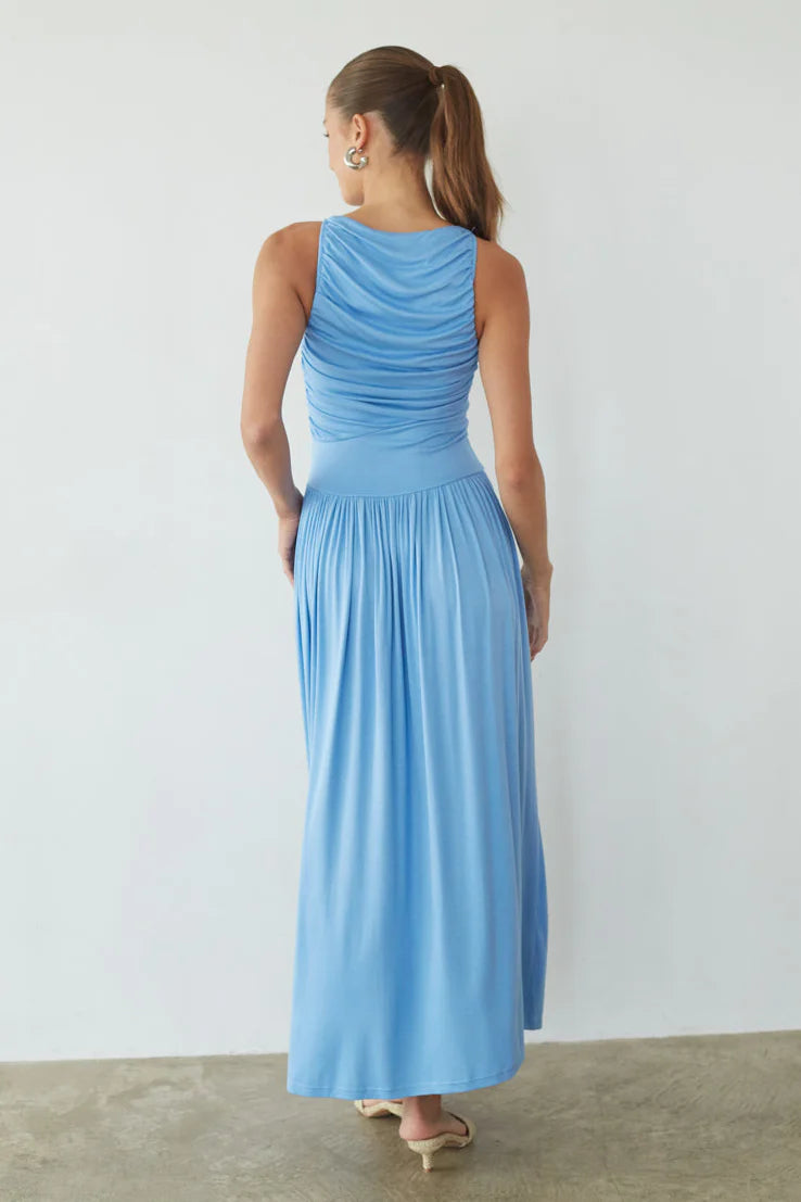 Sleeveless Ruched Maxi Dress | High Neck Drop-Waist Flowy Occasion Dress